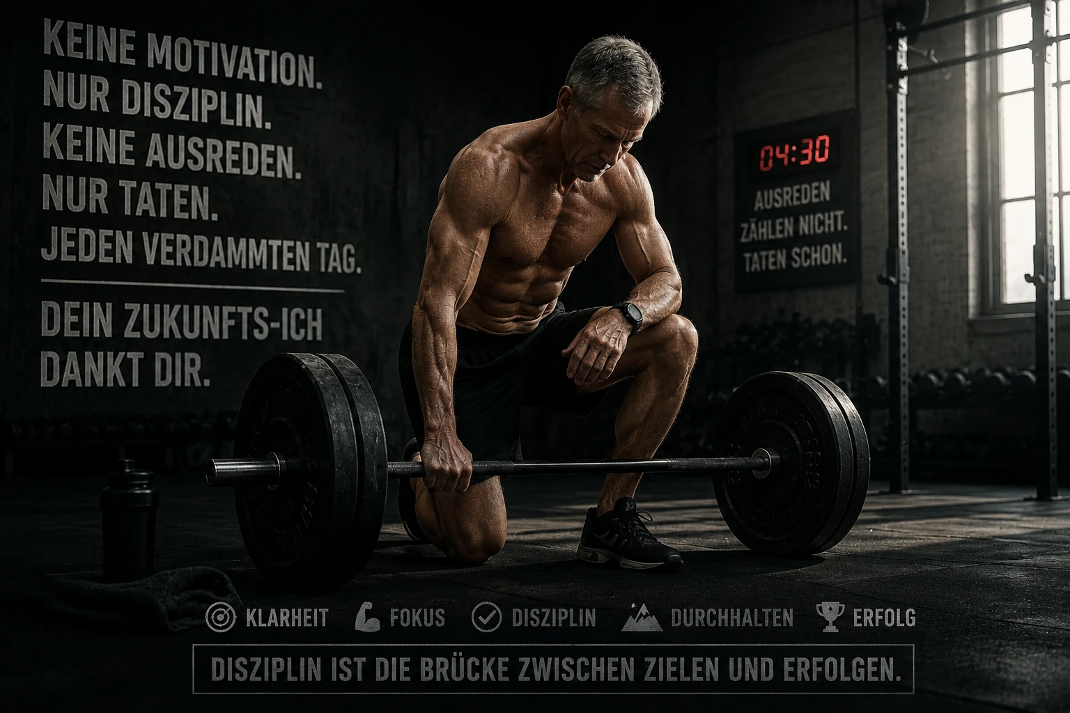 Erschöpfter Kraftsportler kniet neben einer Langhantel